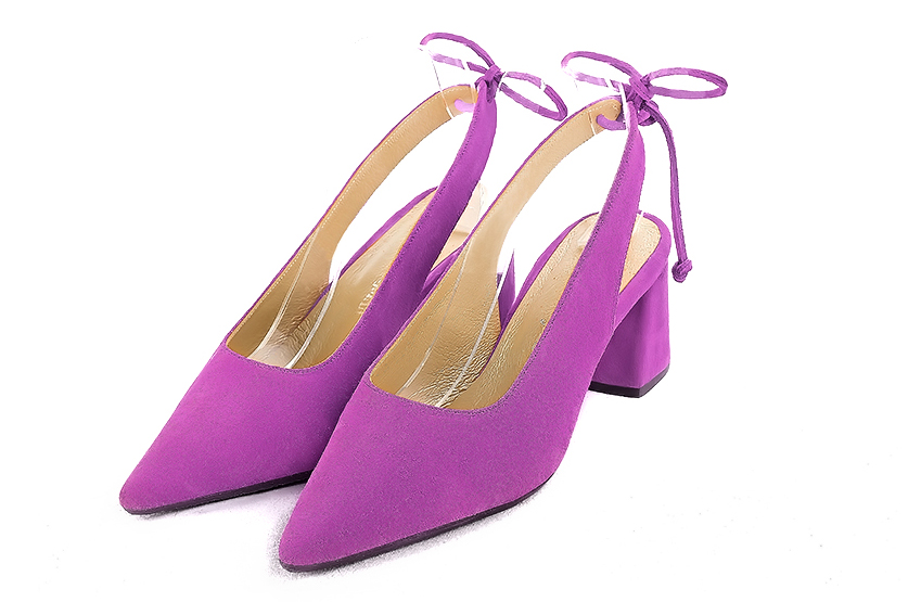 Dress slingback heels in mauve purple leather with medium flare heels and pointed toe - Front view